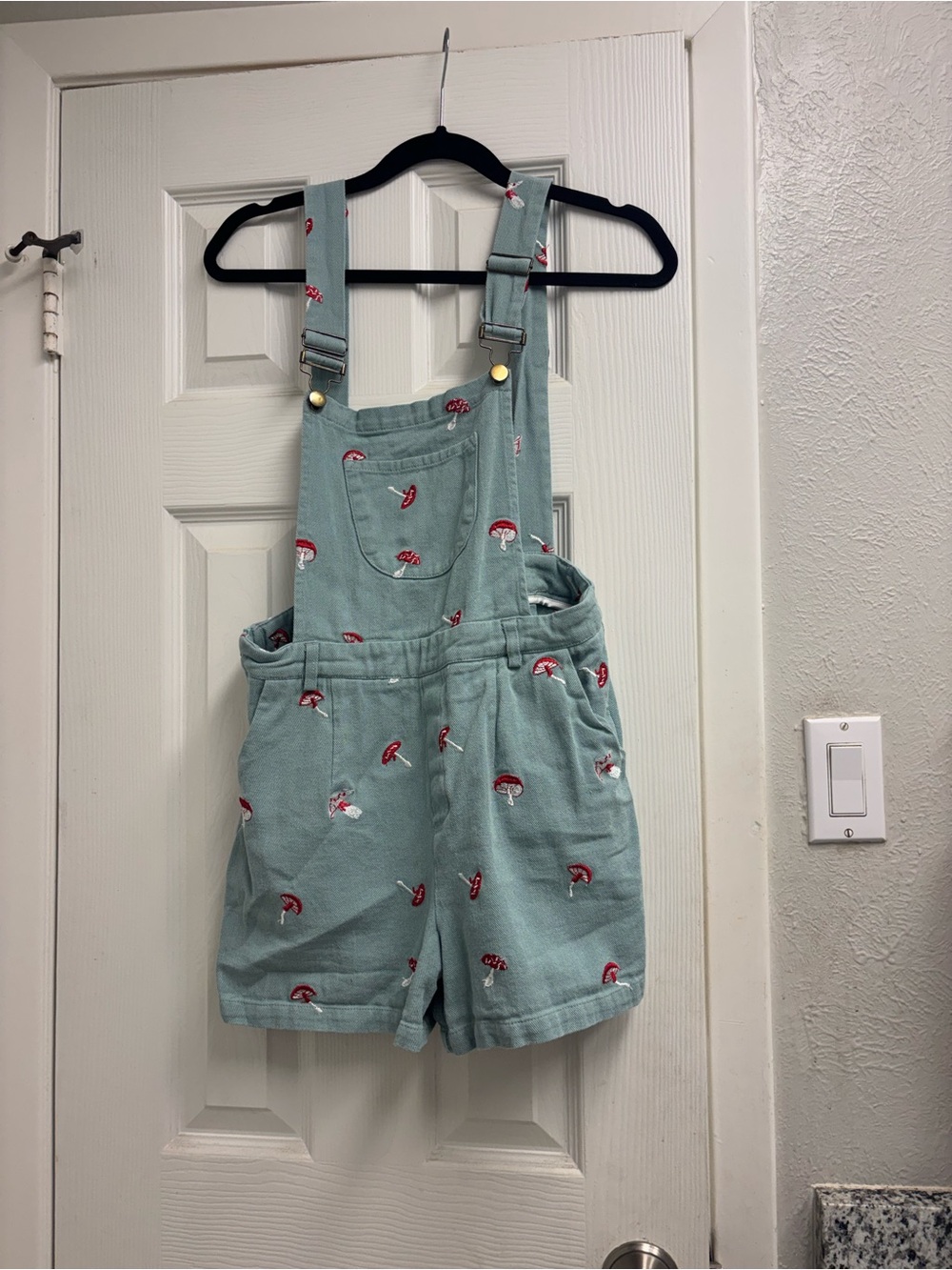 Cider Mint Green Short Overalls with Red Mushroom Embroidery